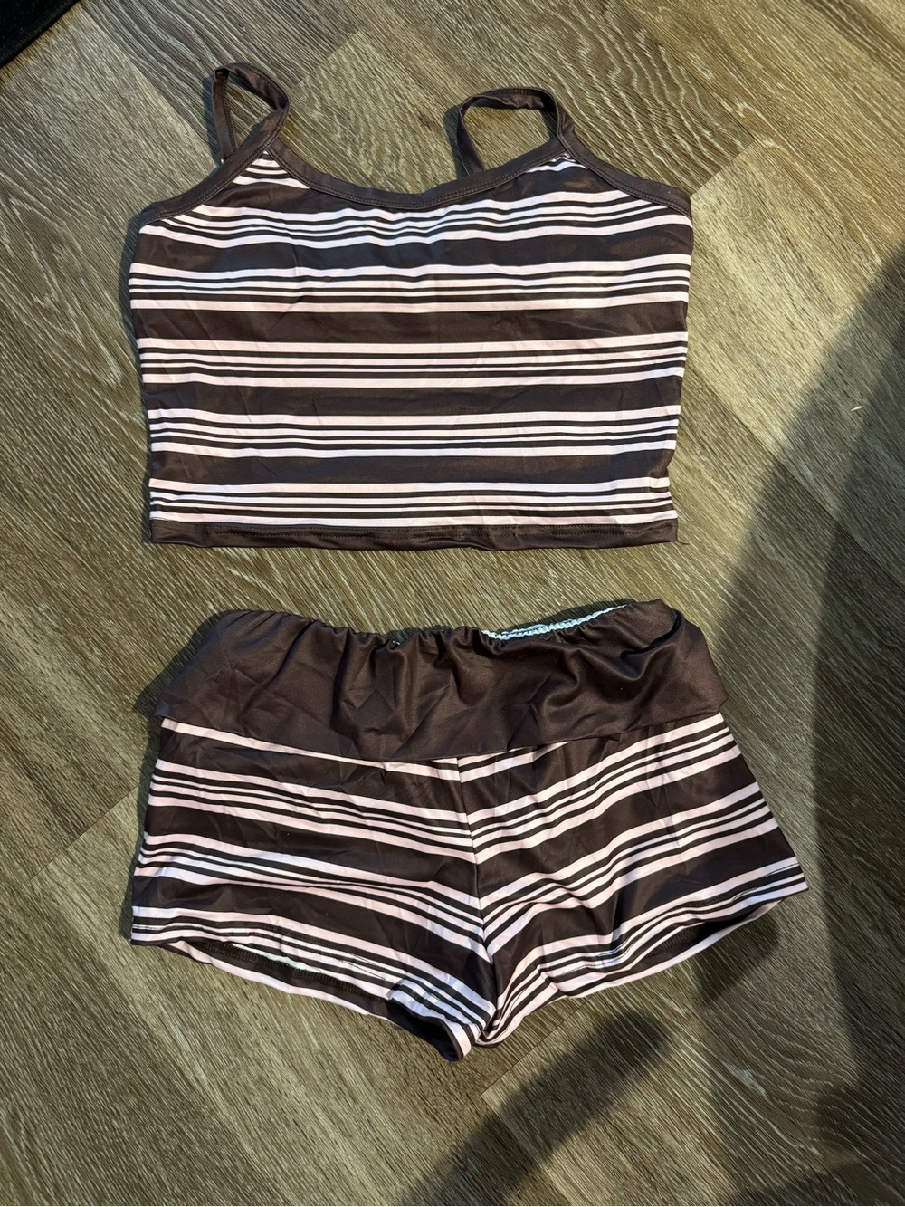 SHEIN Brown and White Striped Girls Tankini Two-Piece Set